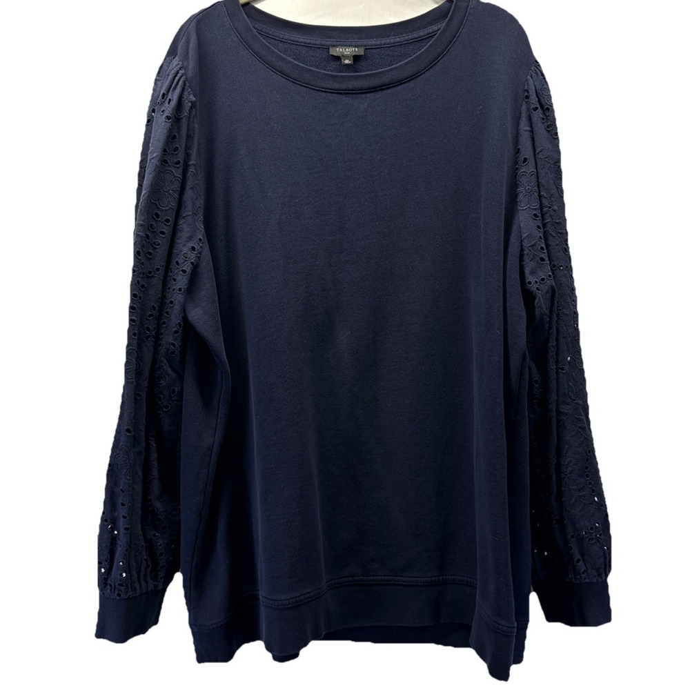 Talbots Womens Top Size 2X Plus Solid Navy Blue Eyelet Lace Long Sleeve Pullover